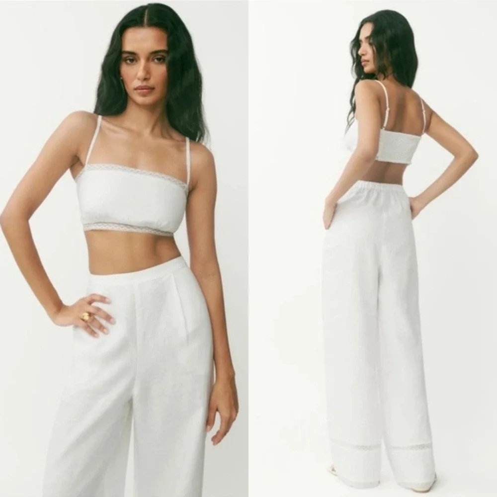 Reformation | Violet 100% Linen Crop‎ Top & Wide Leg Pant Two Piece Set White